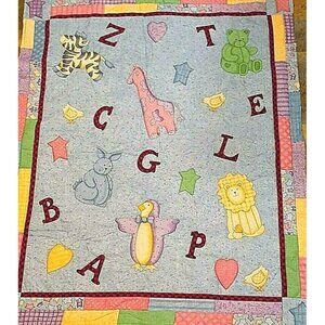 Baby Quilt Throw Crib Alphabet Zoo Animals Blue Pink Bear Lion Rabbit Stitched 3